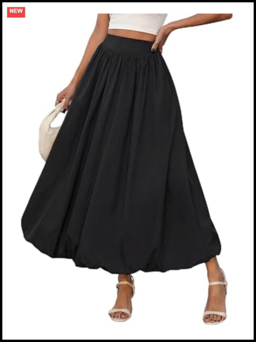 Womens Bubble Hem Maxi Skirt Pleated A-Line Flowy Balloon Pockets Pull On